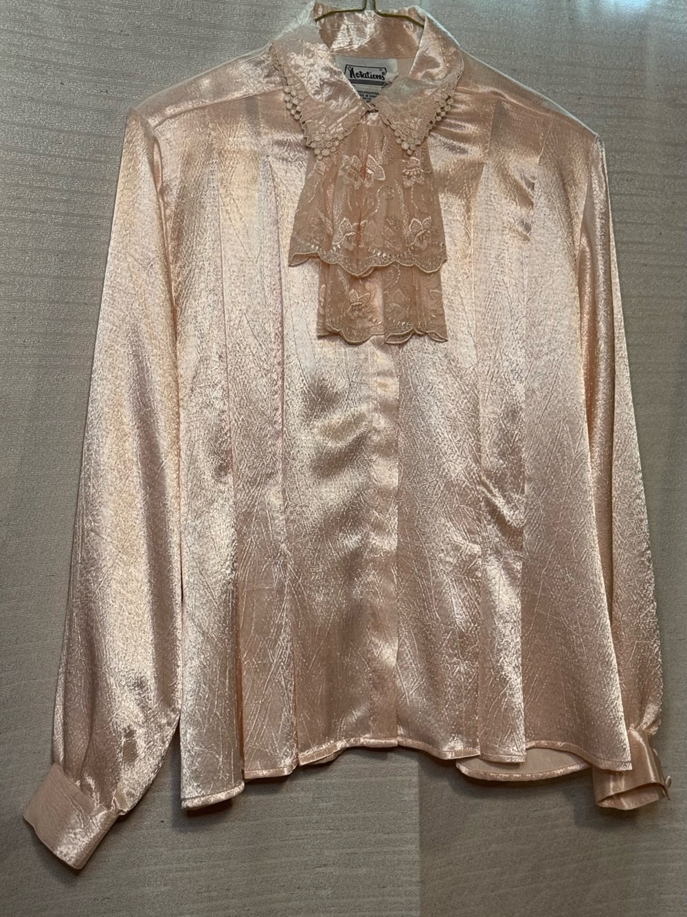 Notations Shimmery Peach Satin Lace Jabot Blouse